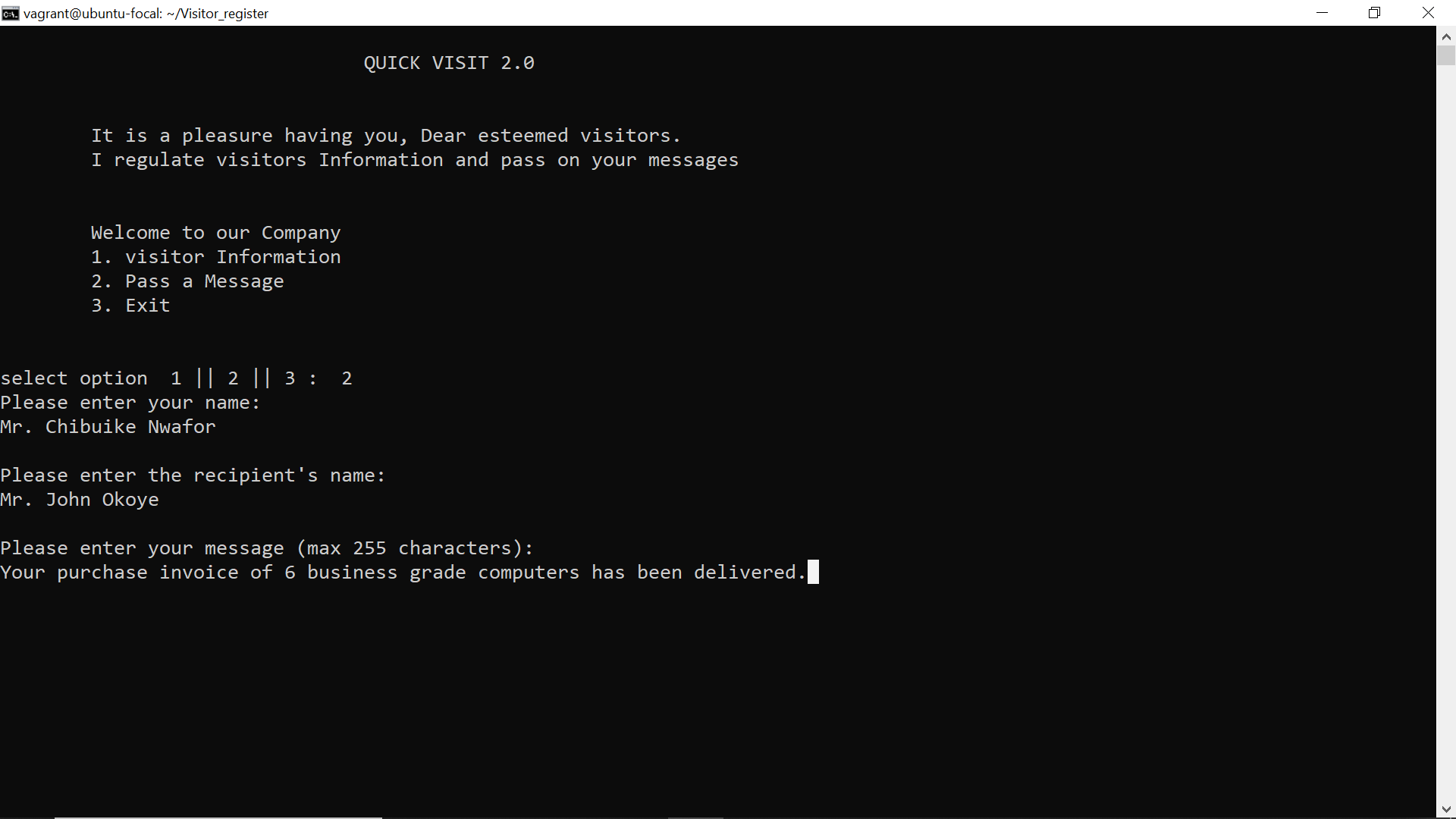 Revolutionizing corporate security and record-keeping, Quick Visit 2.0 is a cutting-edge terminal application developed in C for speed and efficiency in securely logging visitor information.